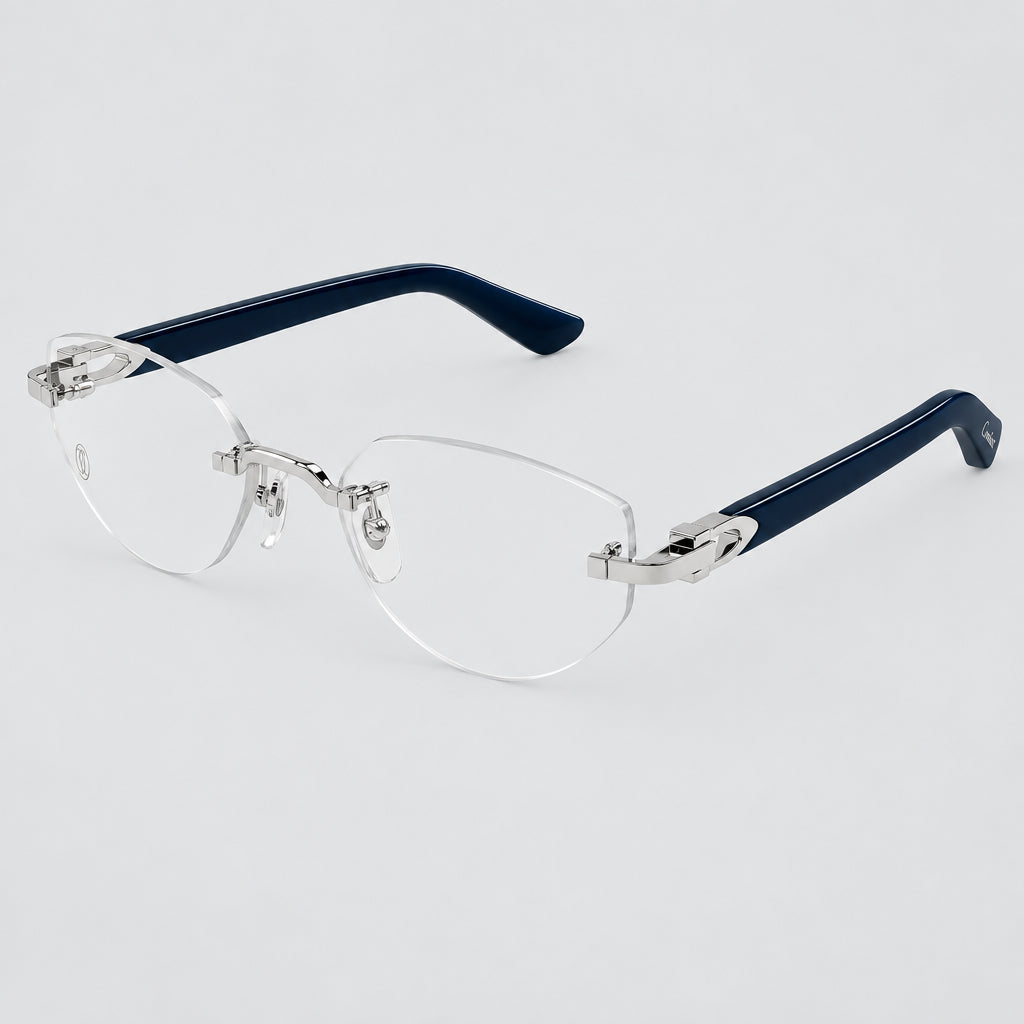 Cartier Women Rimless Cat-Eye Shiny Silver & Blue Temple Transparent Eyeglasses