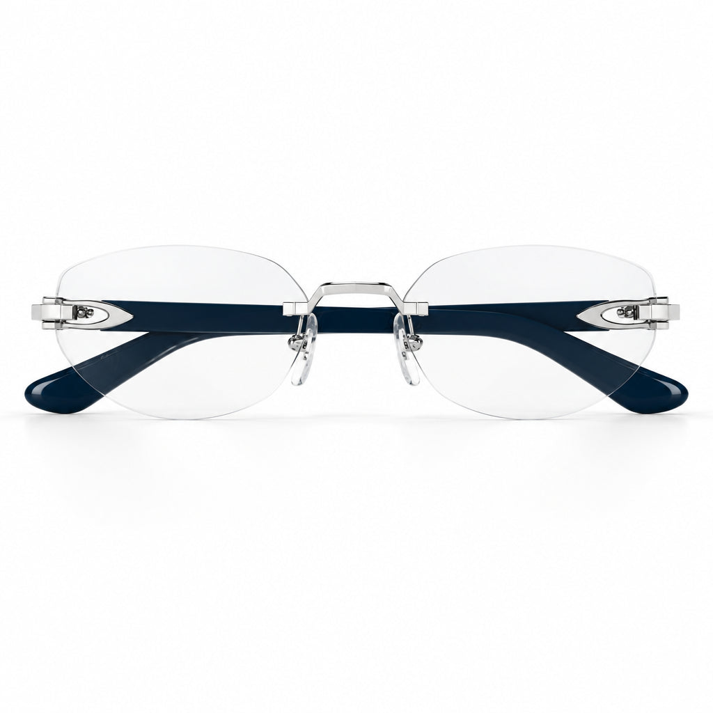 Cartier Women Rimless Cat-Eye Shiny Silver & Blue Temple Transparent Eyeglasses