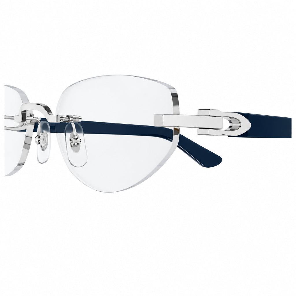 Cartier Women Rimless Cat-Eye Shiny Silver & Blue Temple Transparent Eyeglasses
