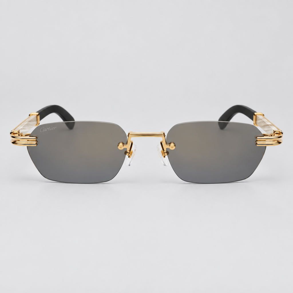  Cartier Première de Men Rimless Rectangular Gold White Grey Sunglasses