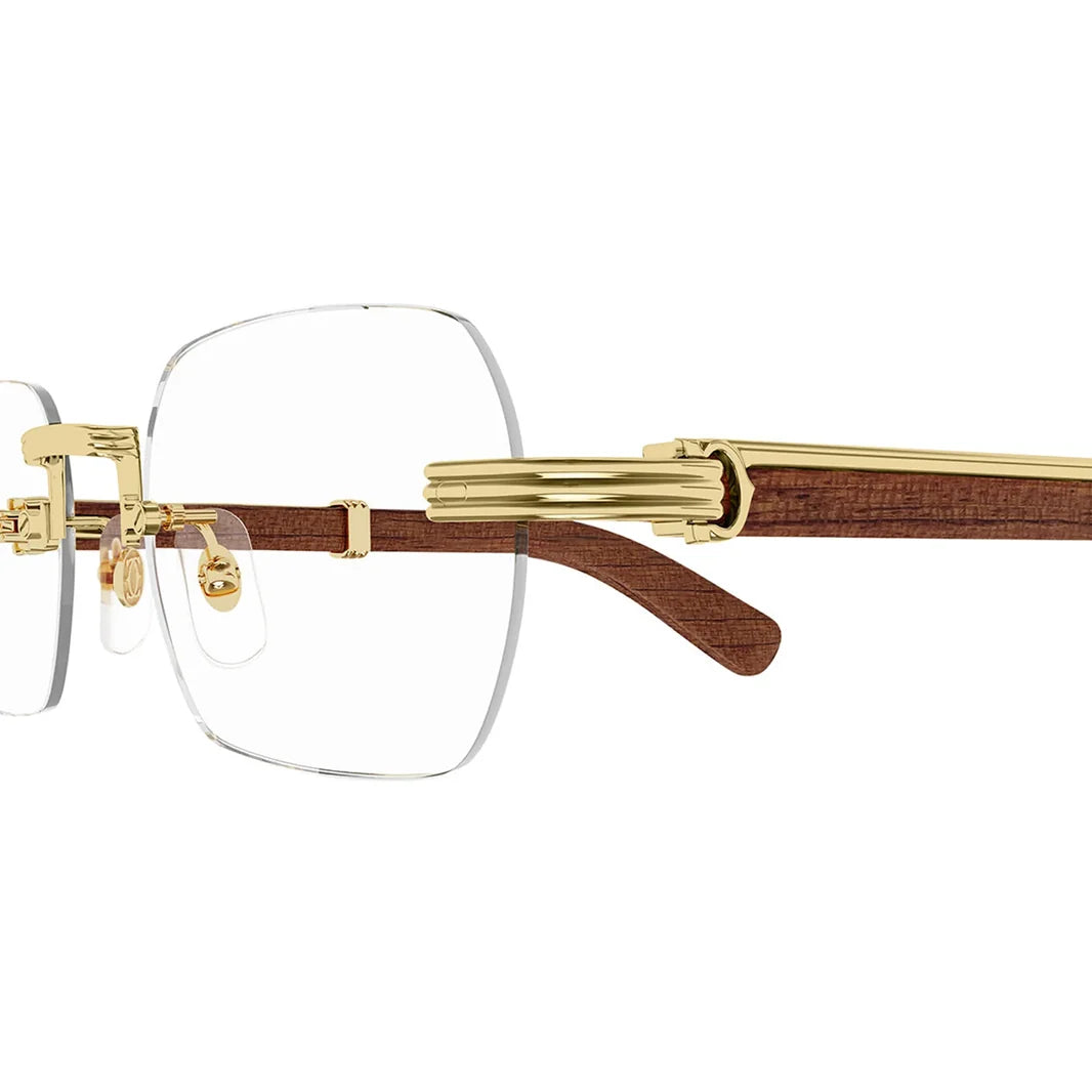 Cartier Première de Men Rimless Rectangular Brown Wood Temples Transparent Glasses