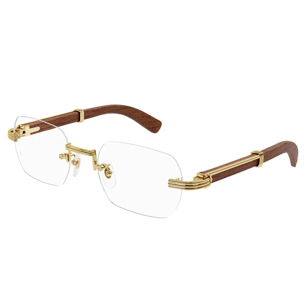 Cartier Première de Men Rimless Rectangular Brown Wood Temples Transparent Glasses