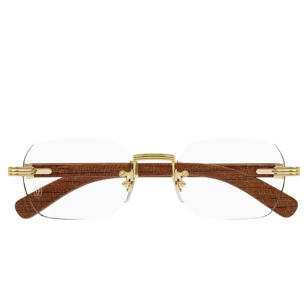 Cartier Première de Men Rimless Rectangular Brown Wood Temples Transparent Glasses