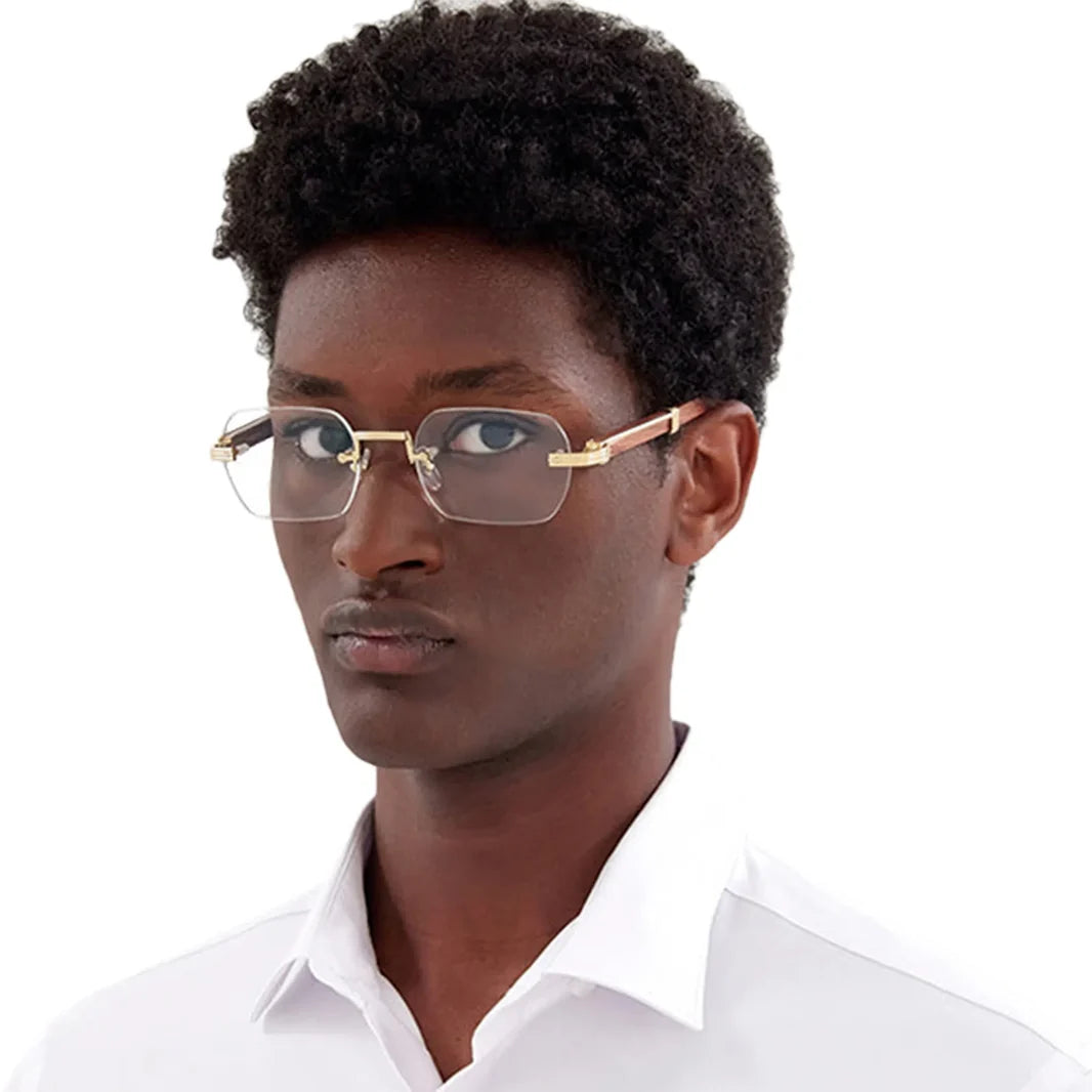 Cartier Première de Men Rimless Rectangular Brown Wood Temples Transparent Glasses