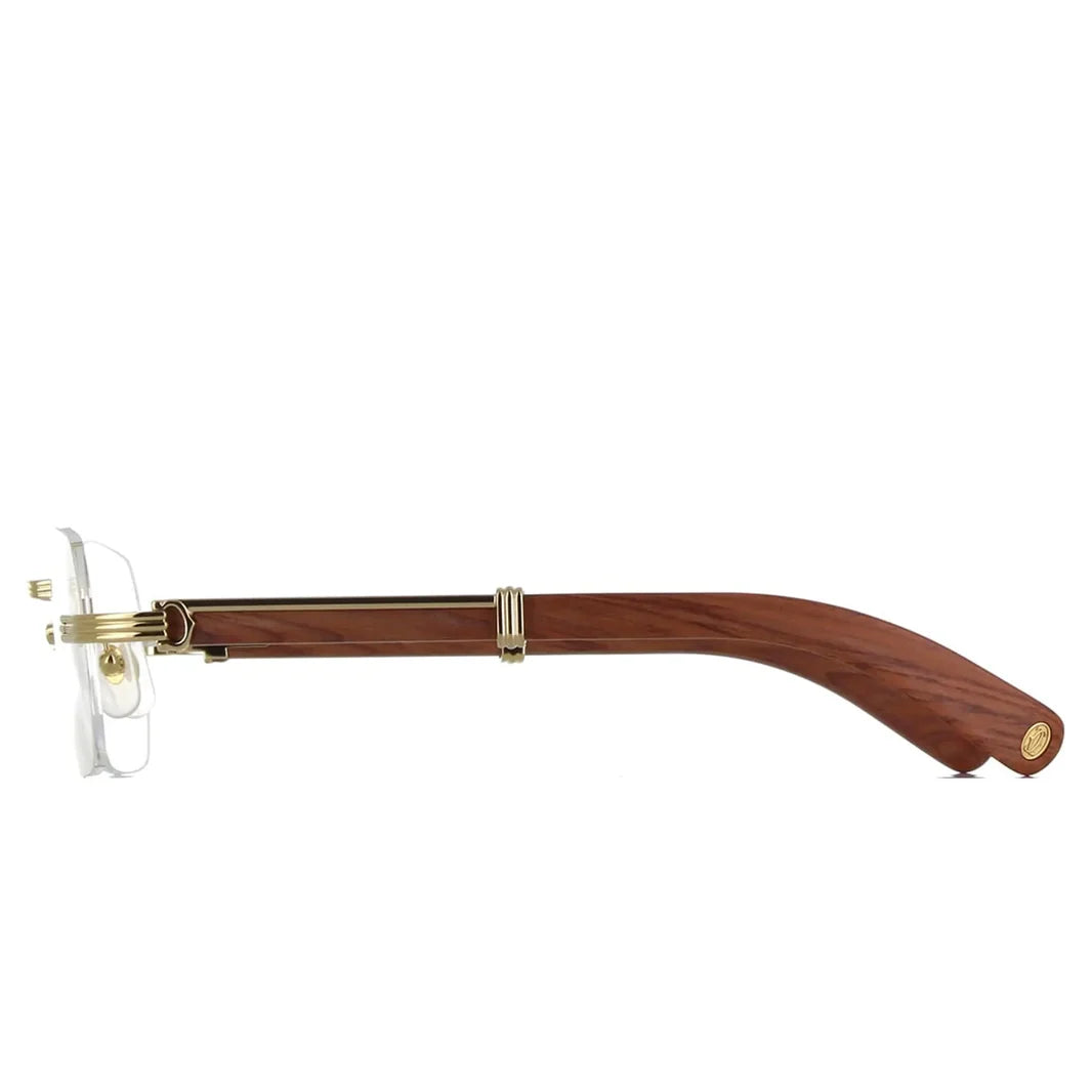 Cartier Première de Men Rimless Rectangular Brown Wood Temples Transparent Glasses