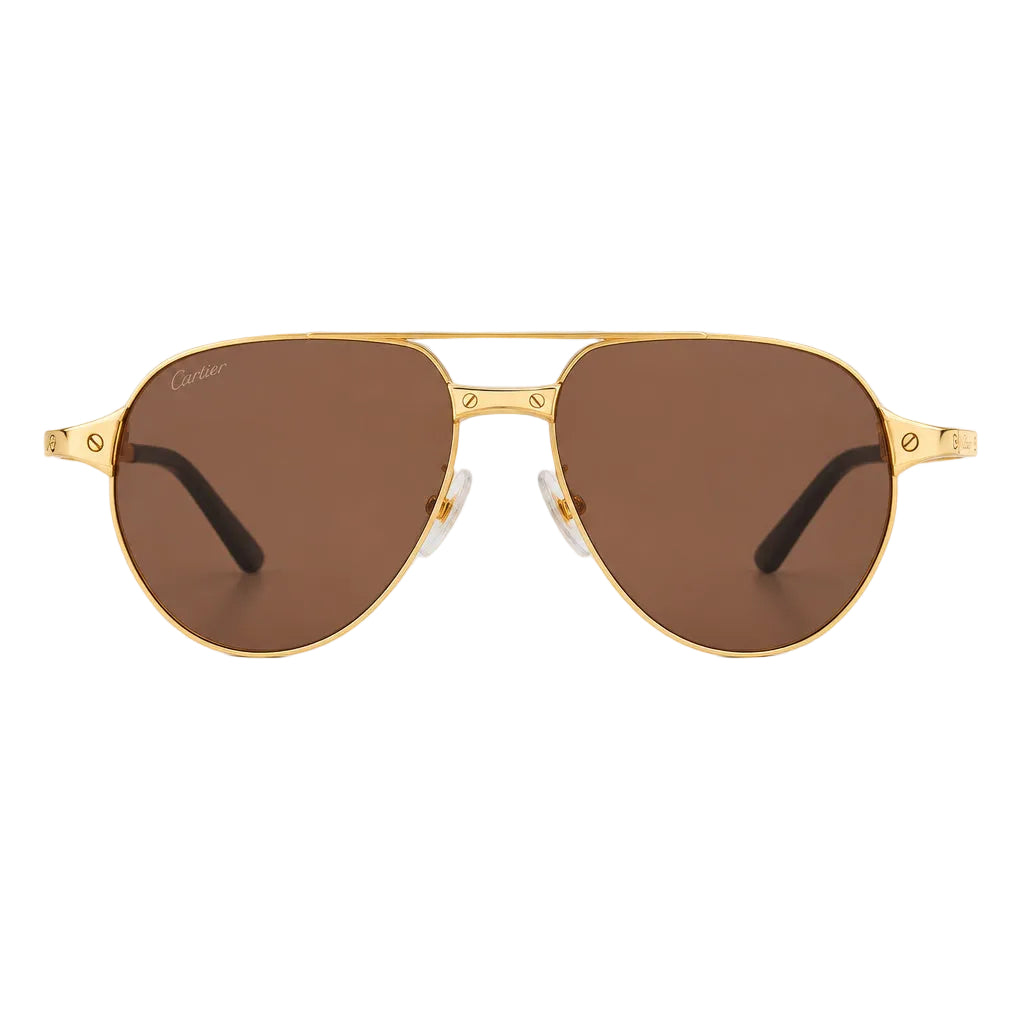 Cartier Santos De Men Pilot Brushed Gold Polarized Brown Sunglasses