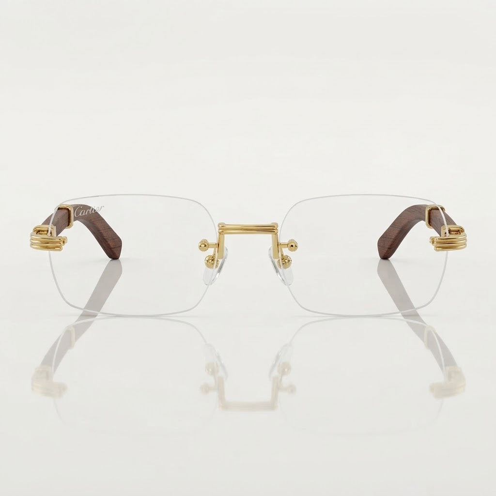  Cartier Première de Men Rimless Rectangular Brown Wood Temples Transparent Glasses