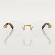  Cartier Première de Men Rimless Rectangular Brown Wood Temples Transparent Glasses