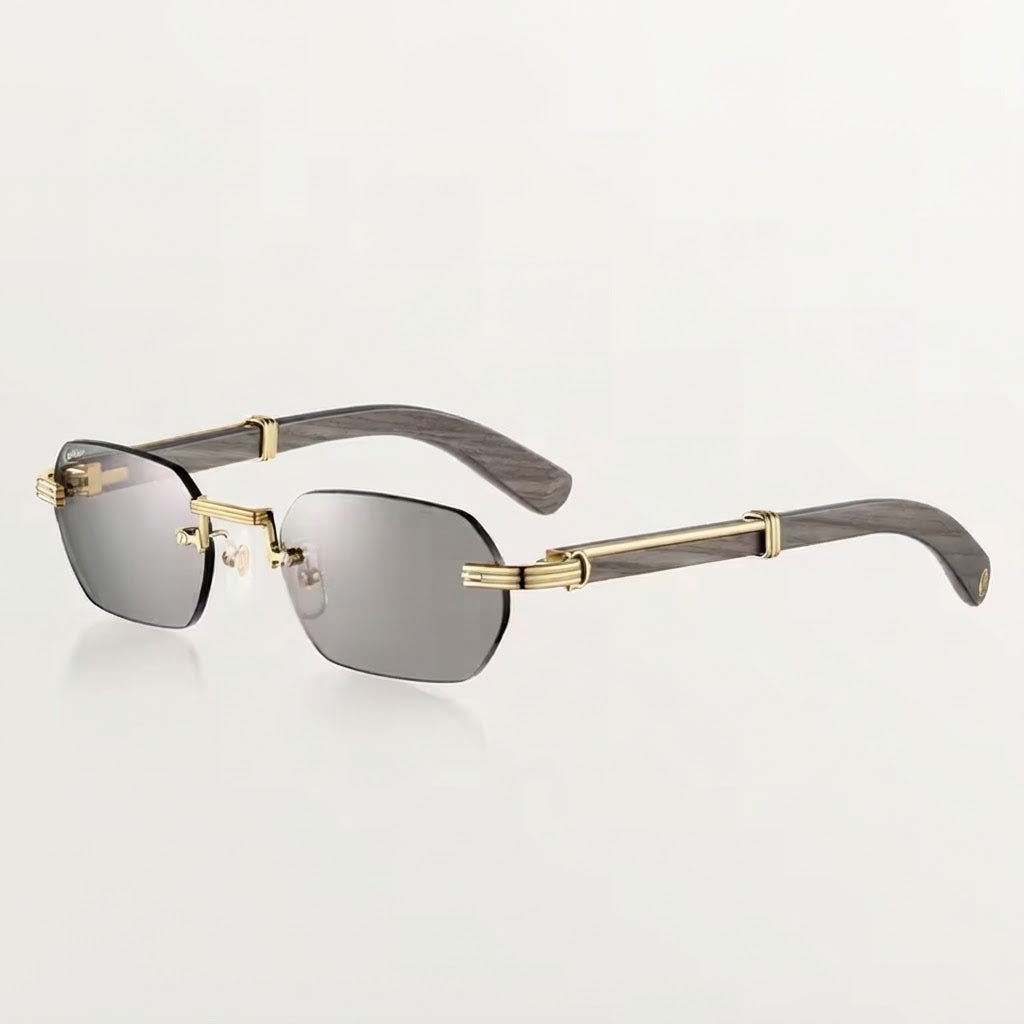 Cartier Première de Men Rimless Rectangular Grey Wood Temples & Light Grey Sunglasses