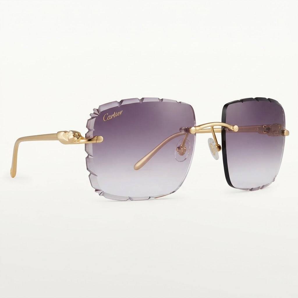 Cartier Panthère de Unisex Rimless Purple Gradient Lens Split Diamond Cut Sunglasses