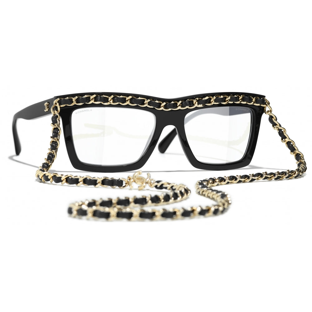 Chanel Women Rectangle Calfskin Chain Black White Eyeglasses