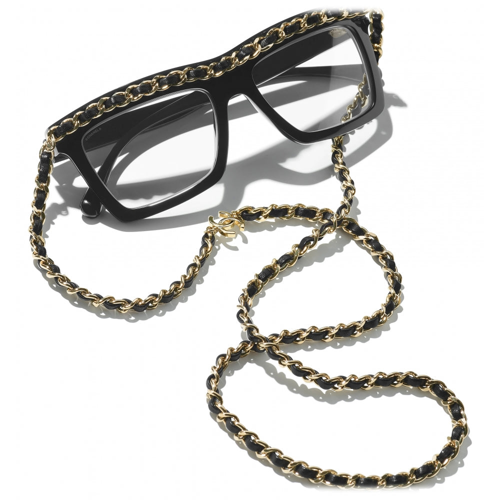 Chanel Women Rectangle Calfskin Chain Black White Eyeglasses