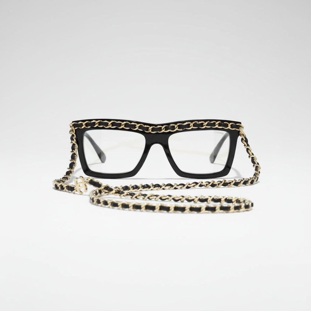 Chanel Women Rectangle Calfskin Chain Black White Eyeglasses