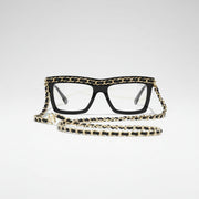 Chanel Women Rectangle Calfskin Chain Black White Eyeglasses