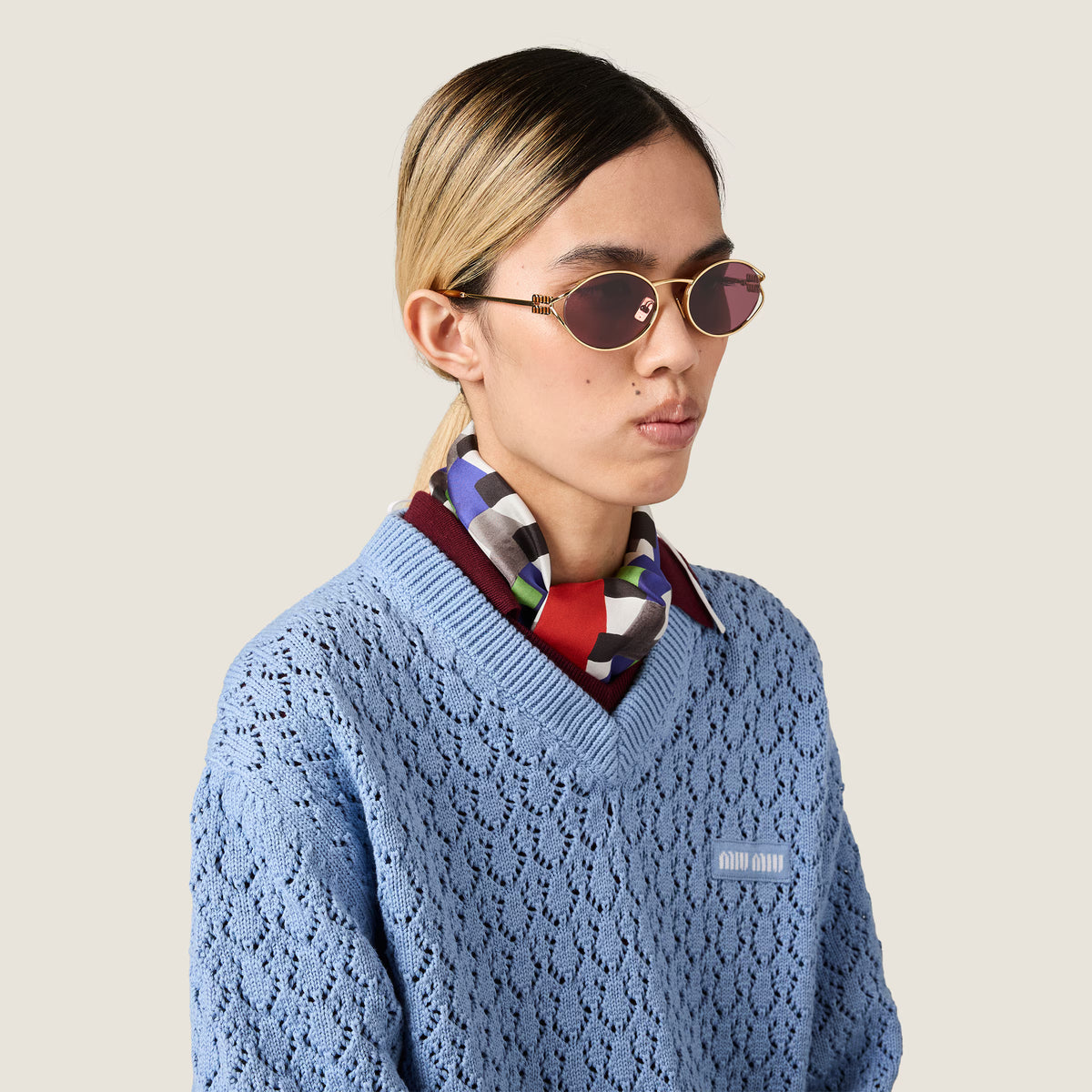 Miu Miu Women Logo Gold Oval Ruby Sunglasses