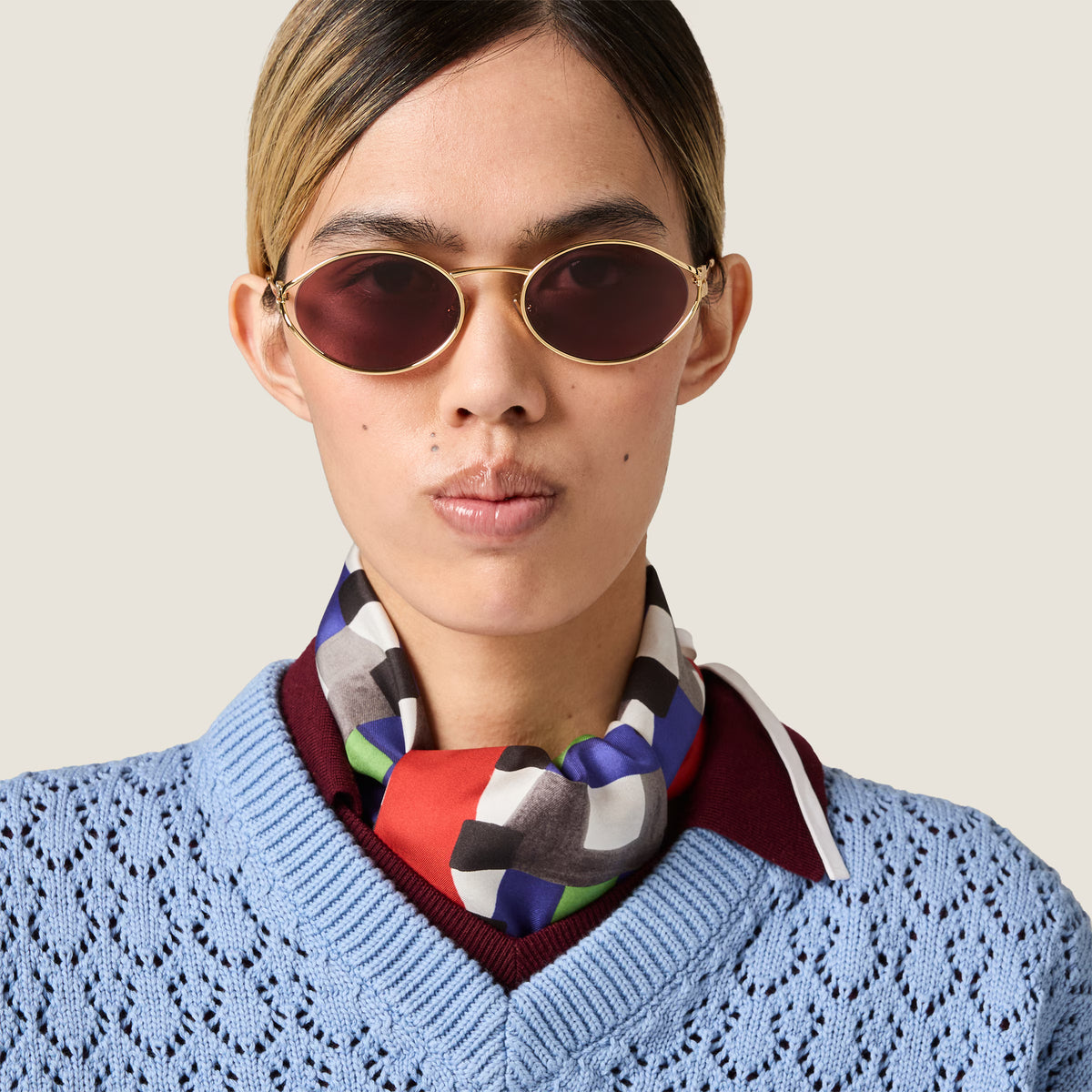 Miu Miu Women Logo Gold Oval Ruby Sunglasses