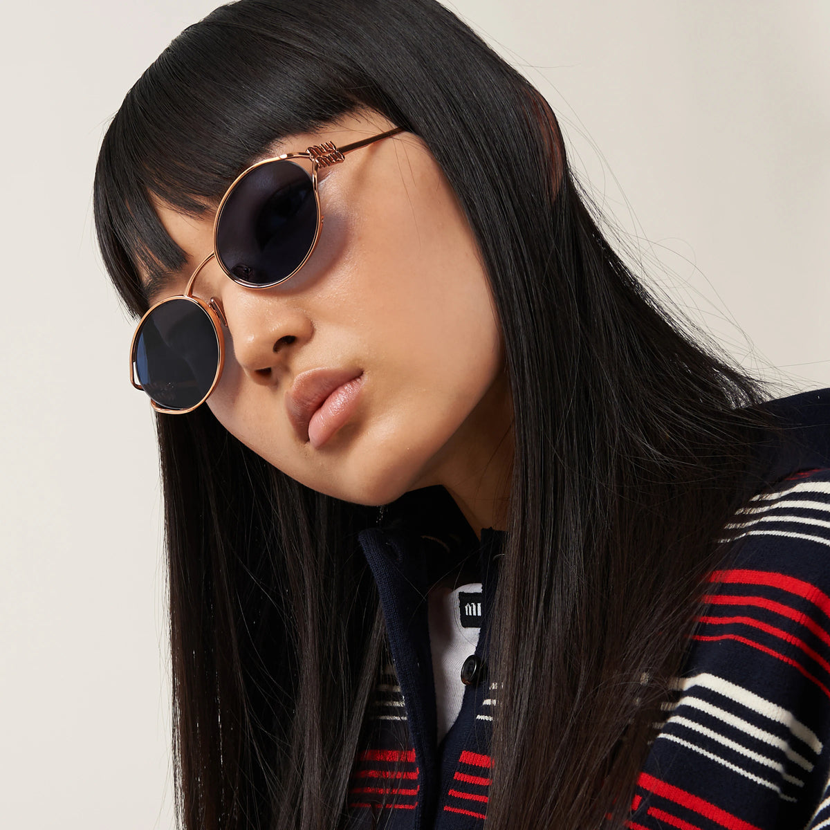 Miu Miu Women Logo Rose Gold Oval Blue Sunglasses