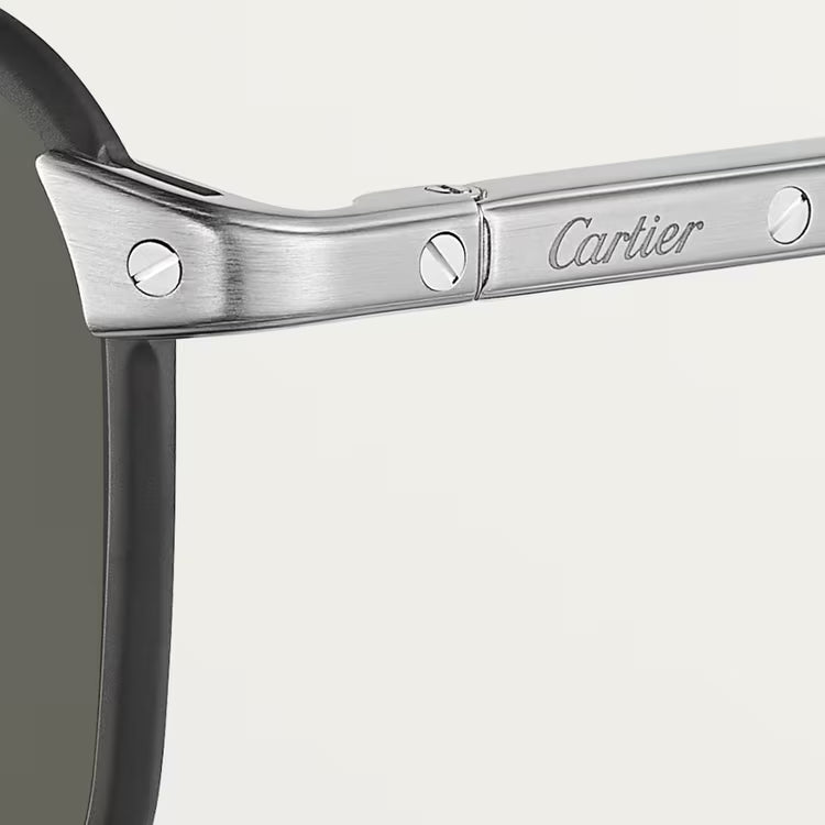 Cartier Santos De Men Pilot Brushed Silver Polarized Black Sunglasses
