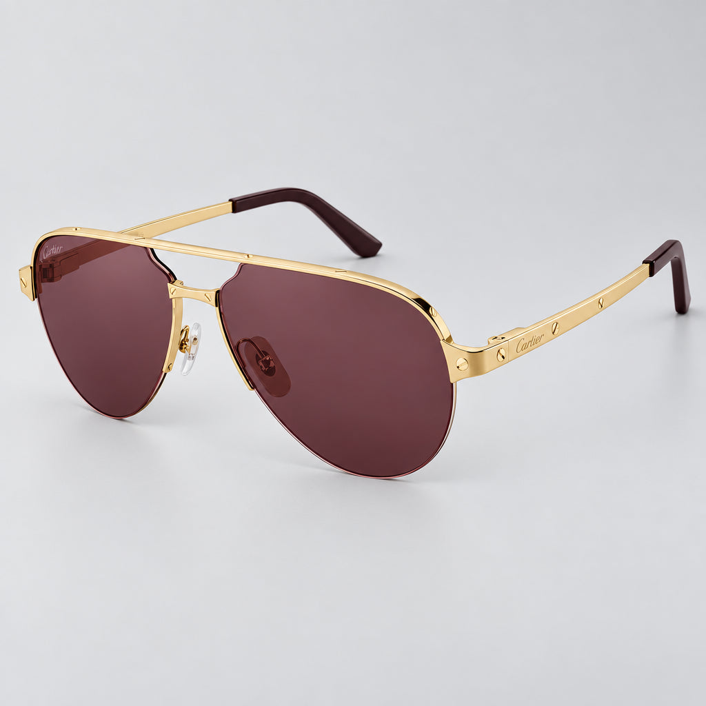 Cartier Santos De Men Pilot Brushed Gold Polarized Burgundy Sunglasses