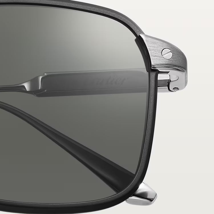Cartier Santos De Men Pilot Brushed Silver Polarized Black Sunglasses