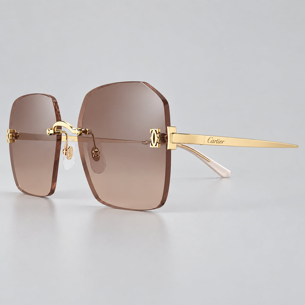 Cartier C De Motif Women Rimless Rectangle Gold Brown Sunglasses
