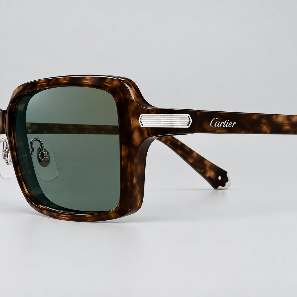 Cartier Première de Unisex Square Acetate Havana Frame  Green Sunglasses