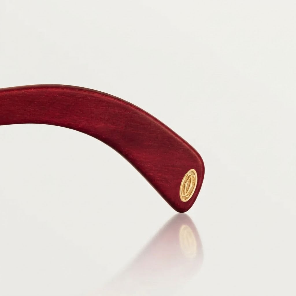 Cartier Première de Unisex Rimless Rectangular Red Wood Temples & Grey Sunglasses