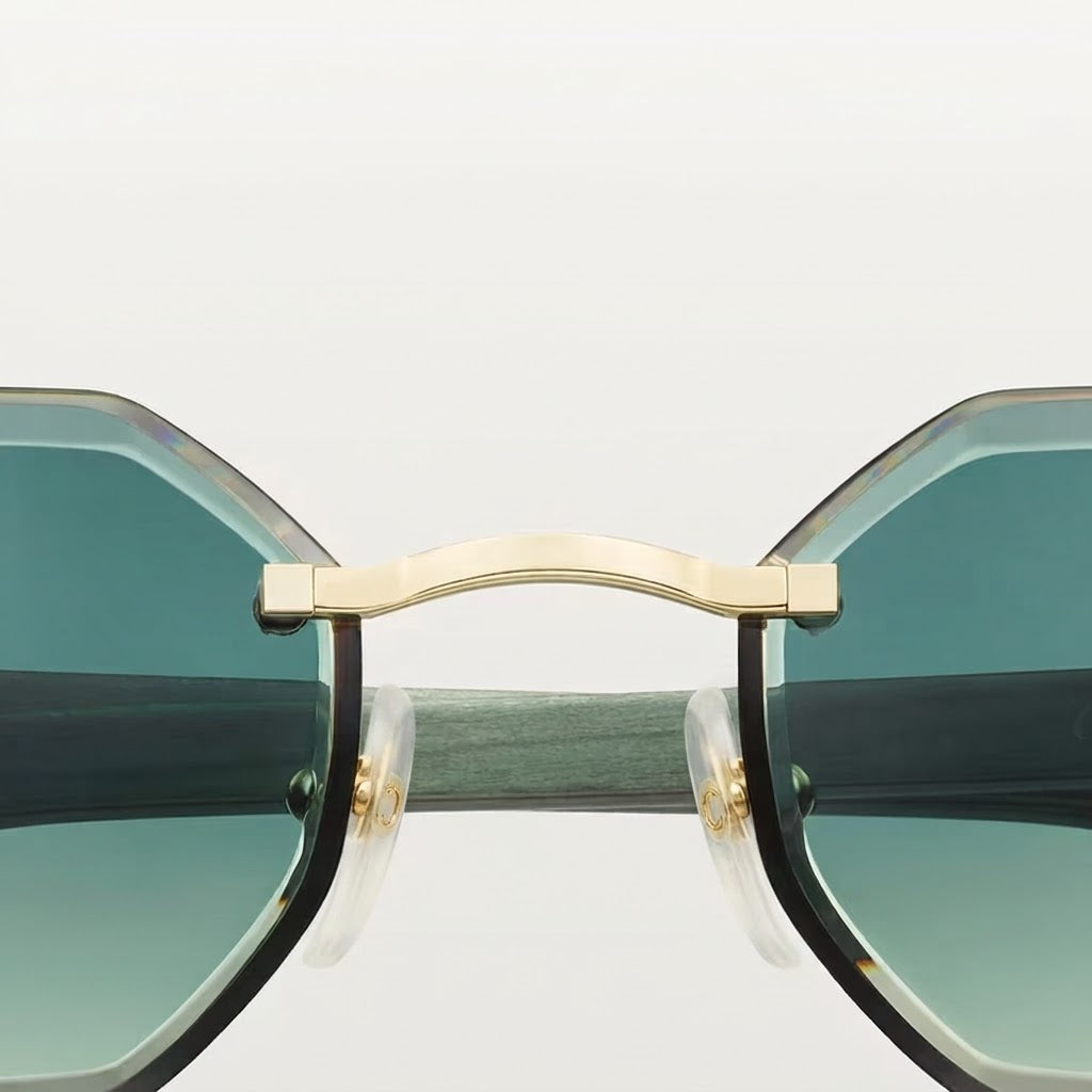 Cartier Allongé de Motif Men Rimless Green Wood Temples Green Sunglasses