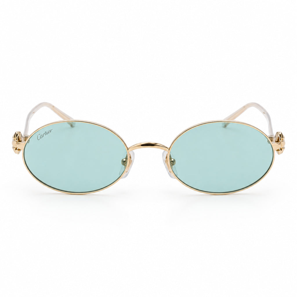 Cartier Clash de Women Oval Gold Finish Studded Temple Light Blue Tint Sunglasses