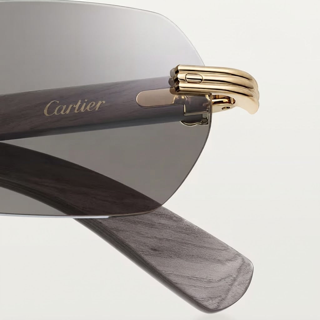 Cartier Première de Men Rimless Rectangular Grey Wood Temples & Light Grey Sunglasses