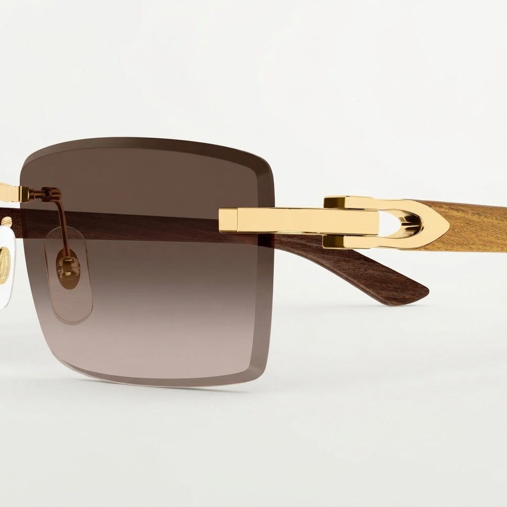 Cartier Décor C de Men Rimless Gold-Yellow Wood Temples Brown Sunglasses