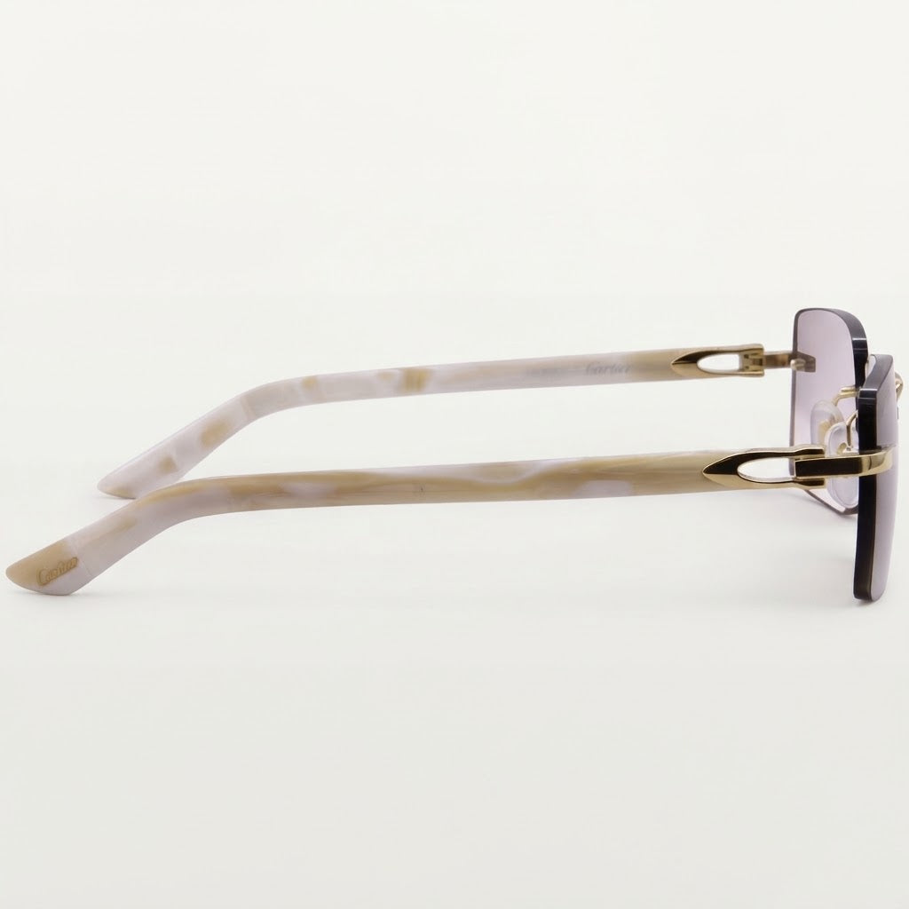 Cartier Signature Unisex Rimless Square Marbled Ivory/Silk Acetate Temples Grey Sunglasses,