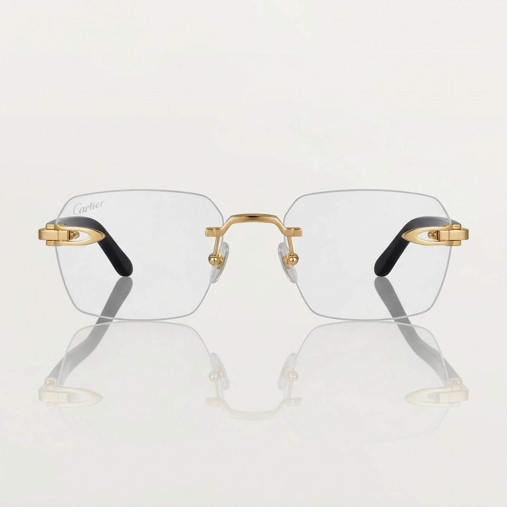 Cartier Signature C de Men Rimless Rectangle Black Wood Temples Transparent Eyeglasses