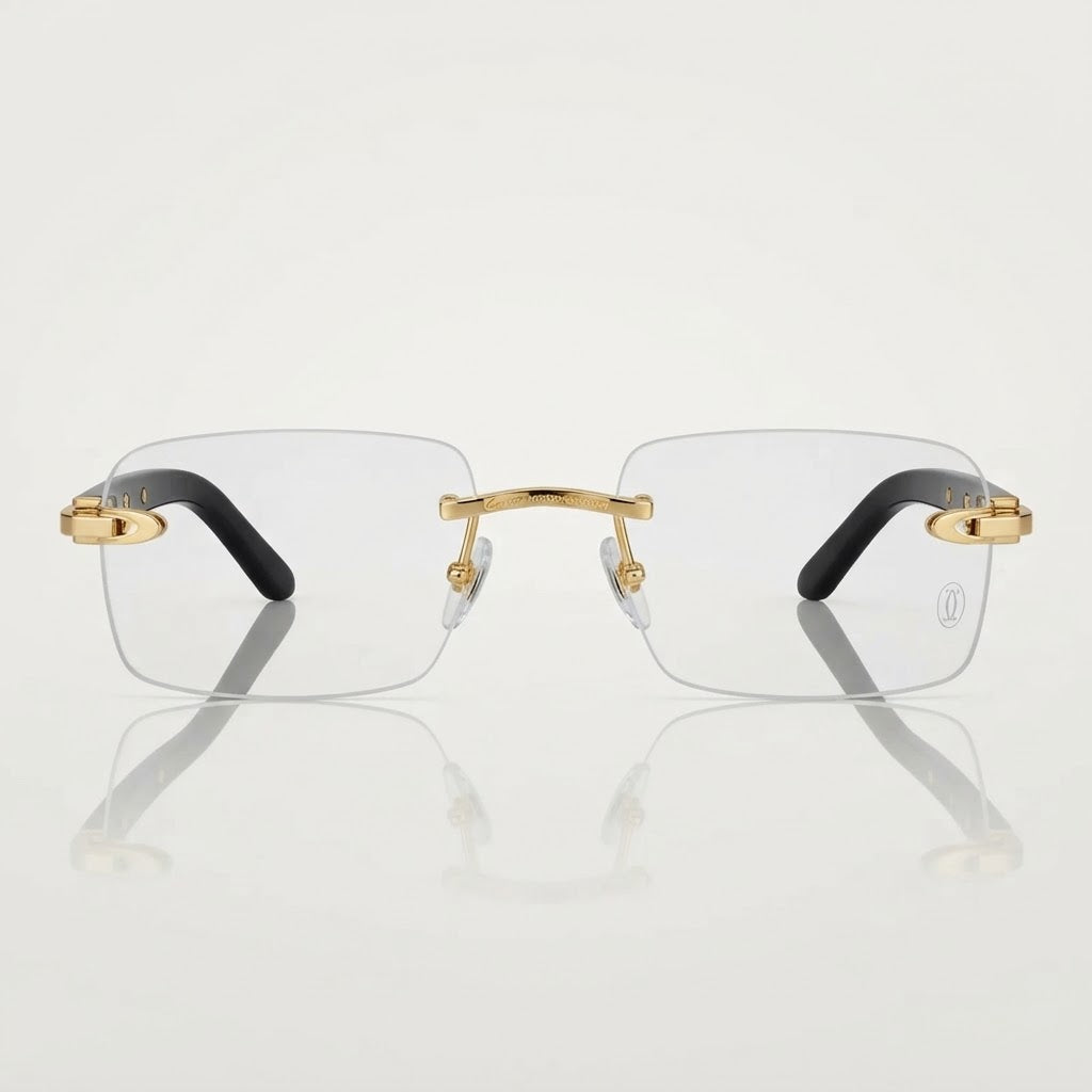 Cartier Signature C de Men Rimless Rectangular Black Gold Temple Transparent Eyeglasses 