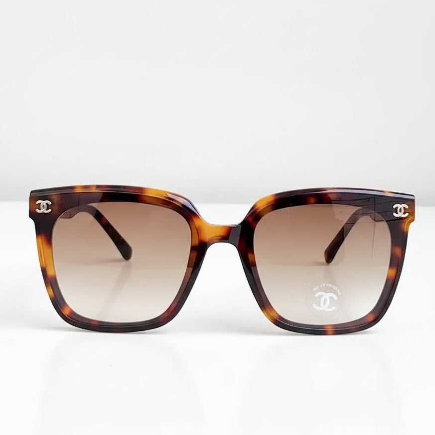 Chanel Women Classic Square Acetate with Rhinestone CHANEL Logo Brown Sunglasses