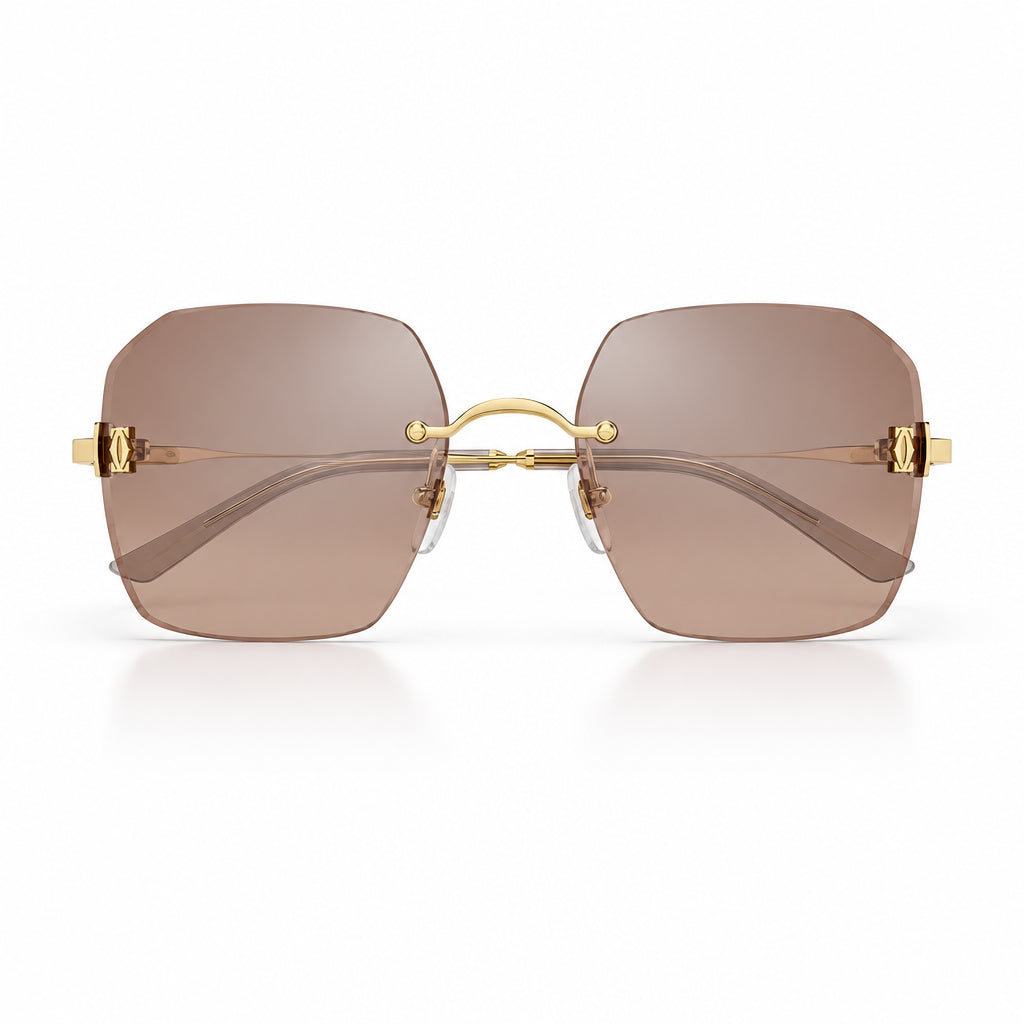 Cartier C De Motif Women Rimless Rectangle Gold Brown Sunglasses