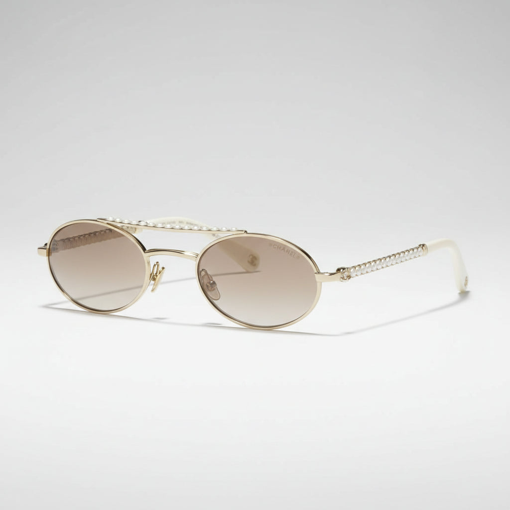Chanel Oval Metal & Imitation Pearl Gold & Brown Gradient Sunglasses