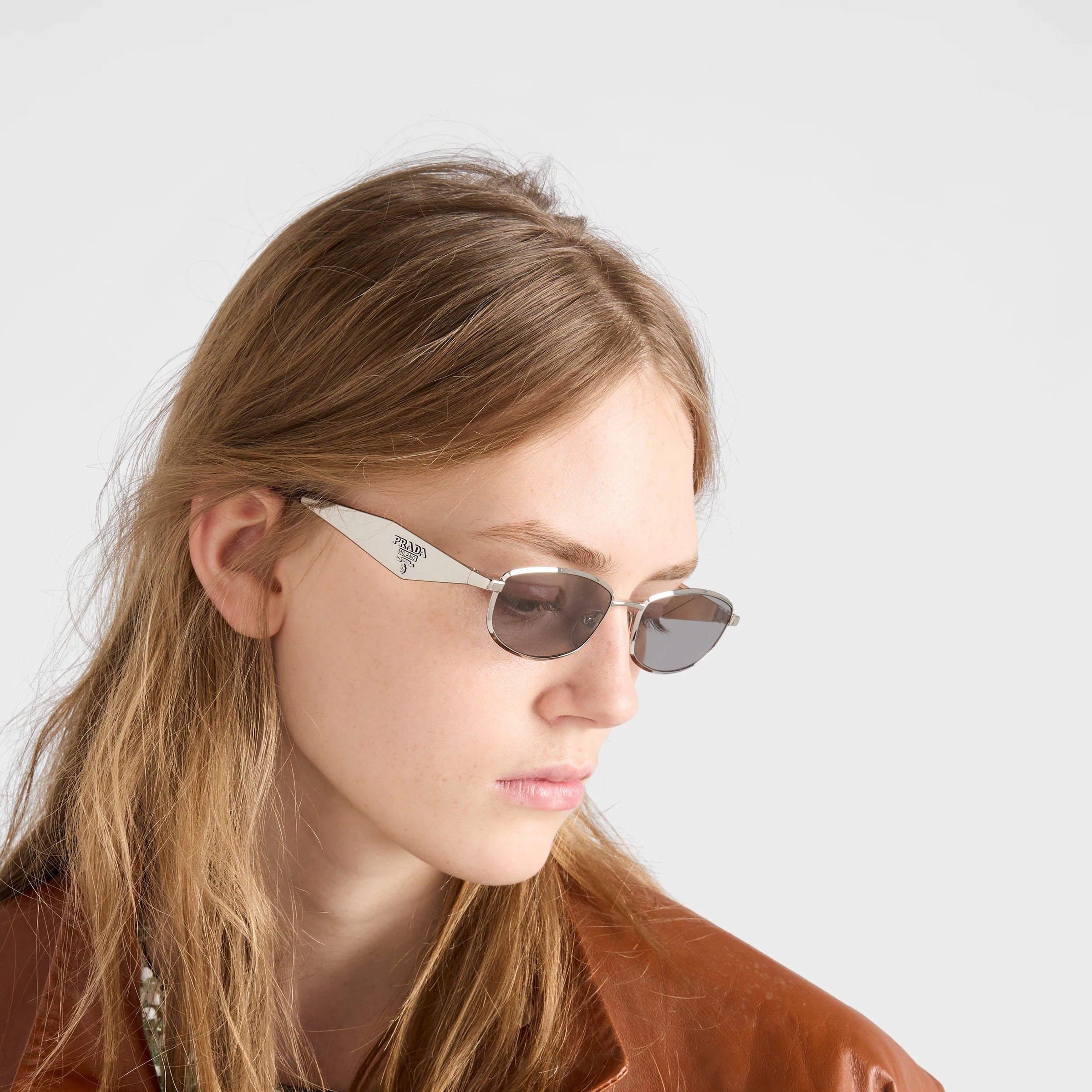 Prada Women Rectangle Frame Silver Sunglasses