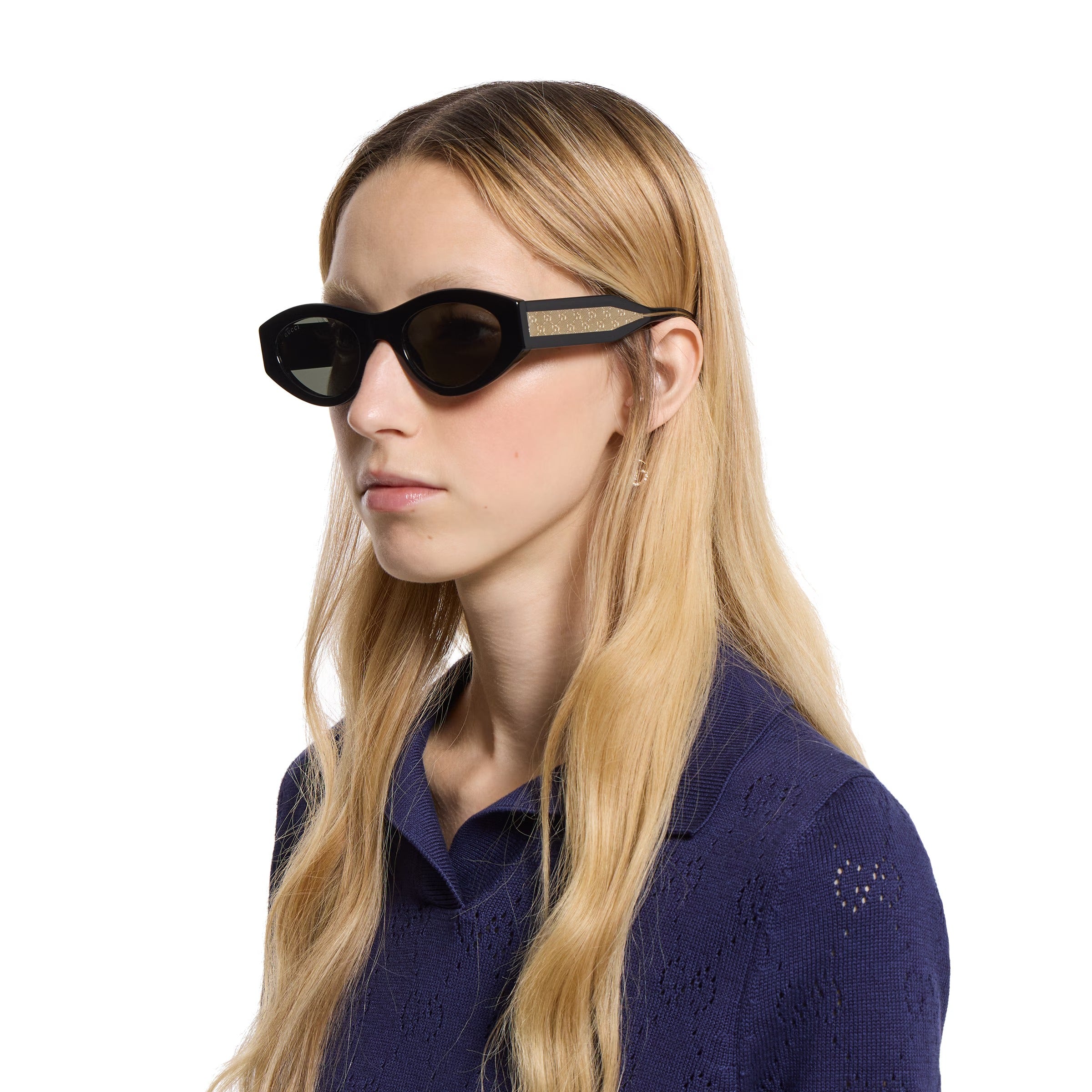 Gucci Women Oval Frame Shiny Black Sunglasses