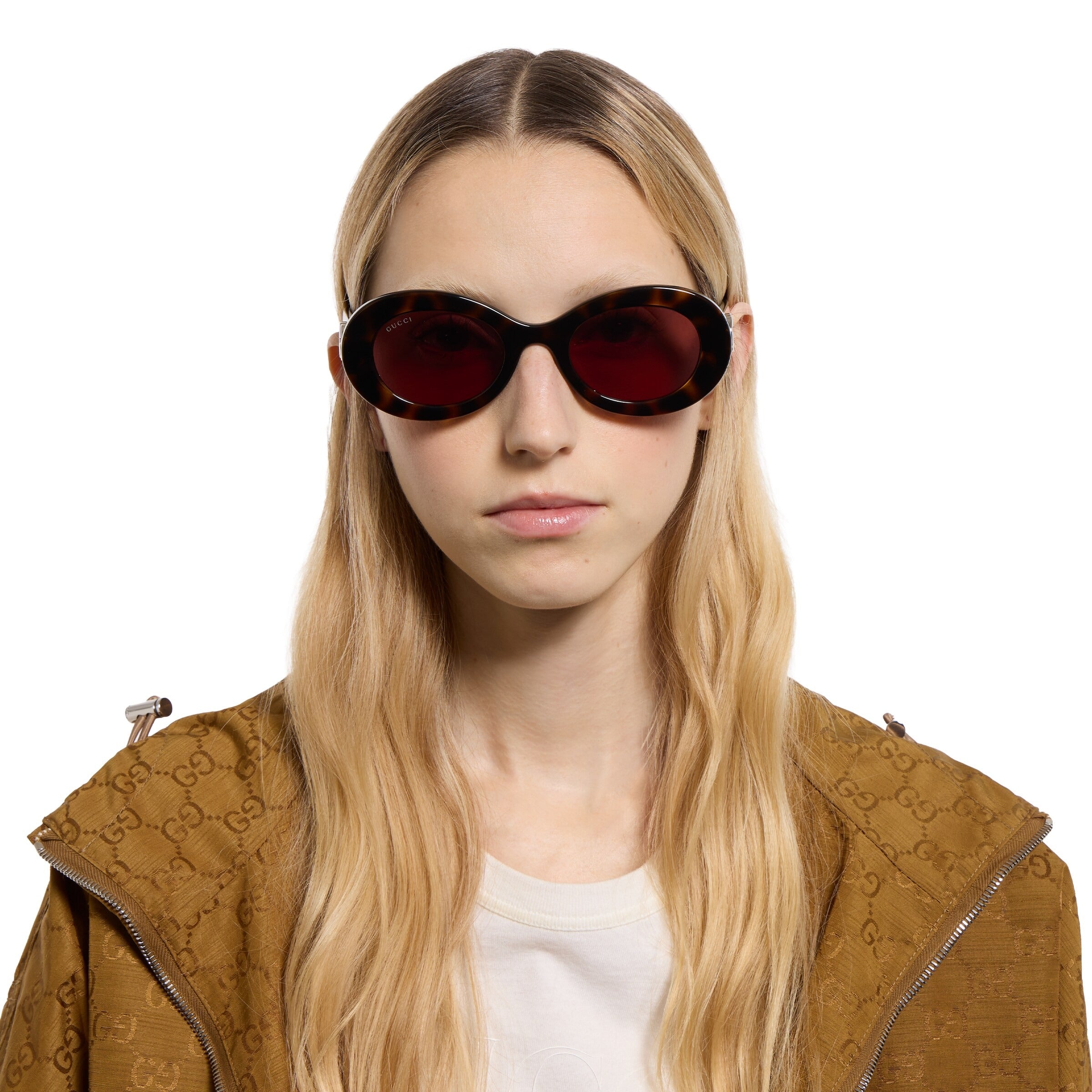 Gucci Women Oval Frame Shiny Brown Tortoiseshell Sunglasses