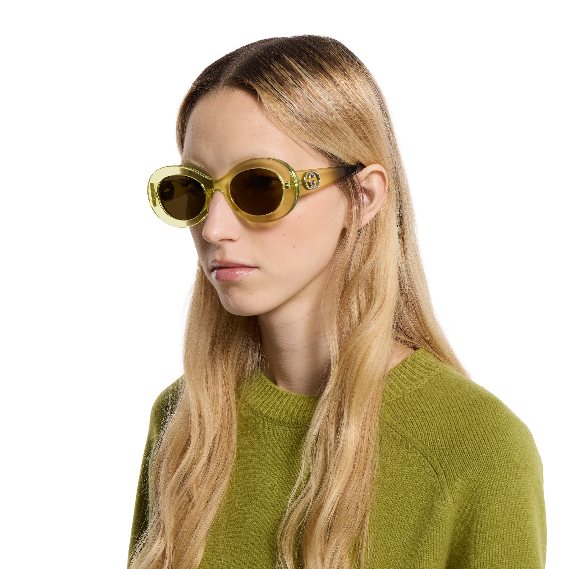 Gucci Women Oval Frame Shiny Green Sunglasses