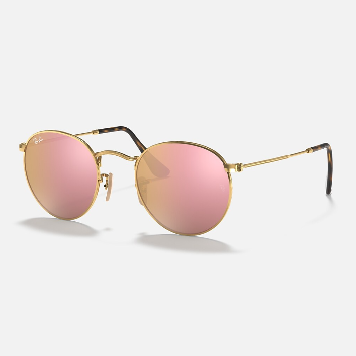 Ray Ban Men Round Frame Shiny Metallic Gold Sunglasses
