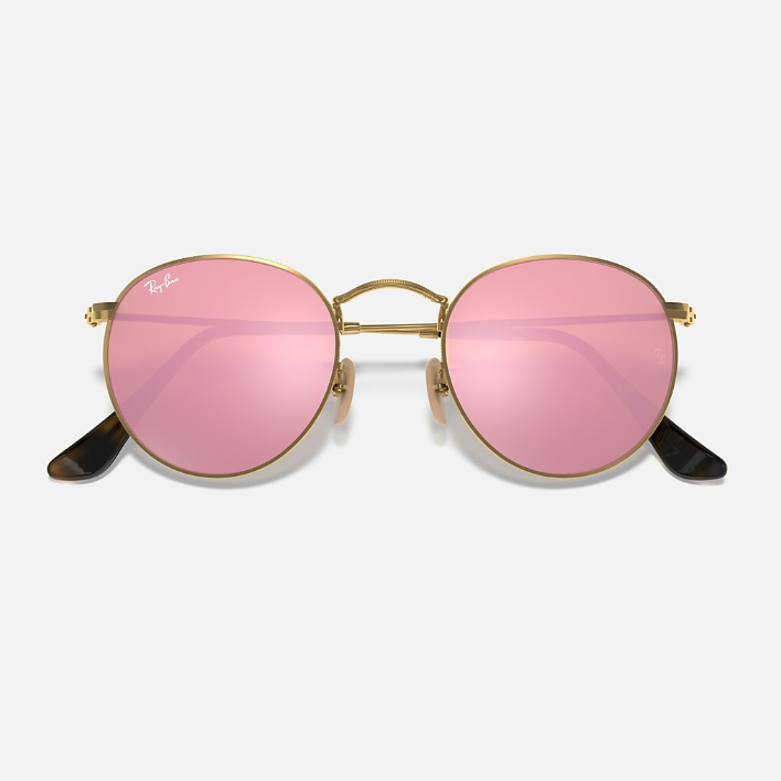 Ray Ban Men Round Frame Shiny Metallic Gold Sunglasses