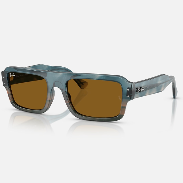 Ray Ban Men Rectangle Frame Polished Havana Blue Sunglasses