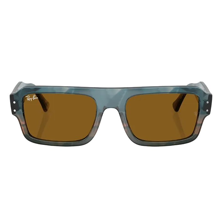 Ray Ban Men Rectangle Frame Polished Havana Blue Sunglasses
