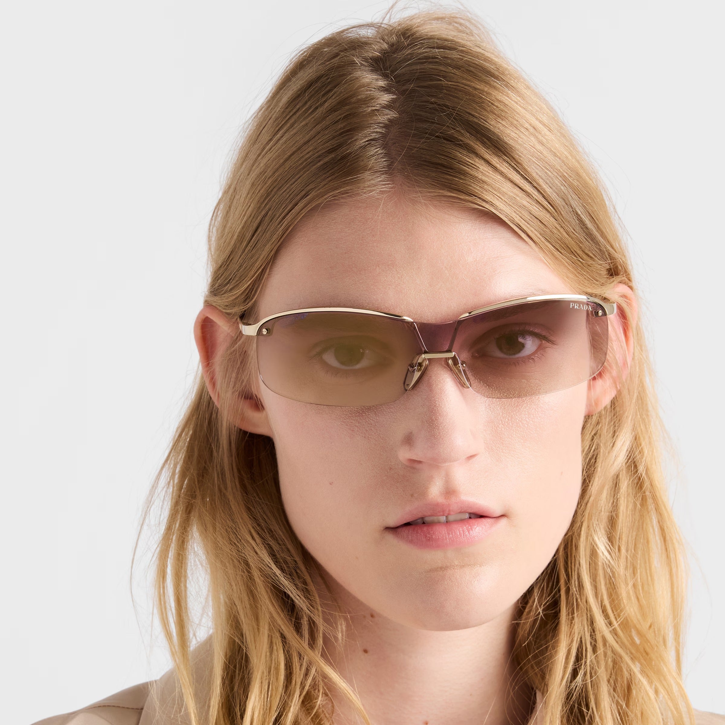 Prada Women Wraparound Frame Pale Gold Sunglasses