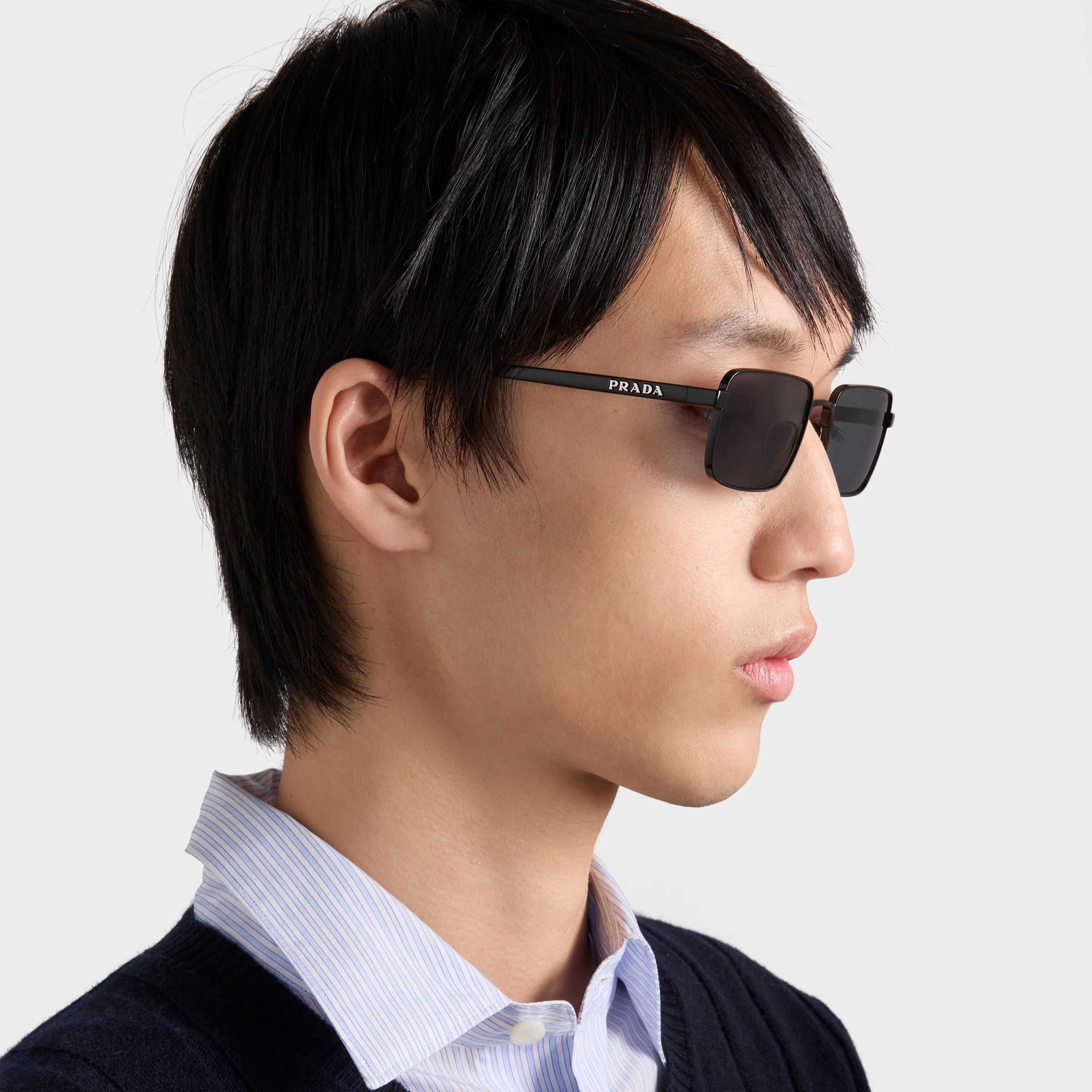 Prada Men Rectangular Frame Classic Black Sunglasses