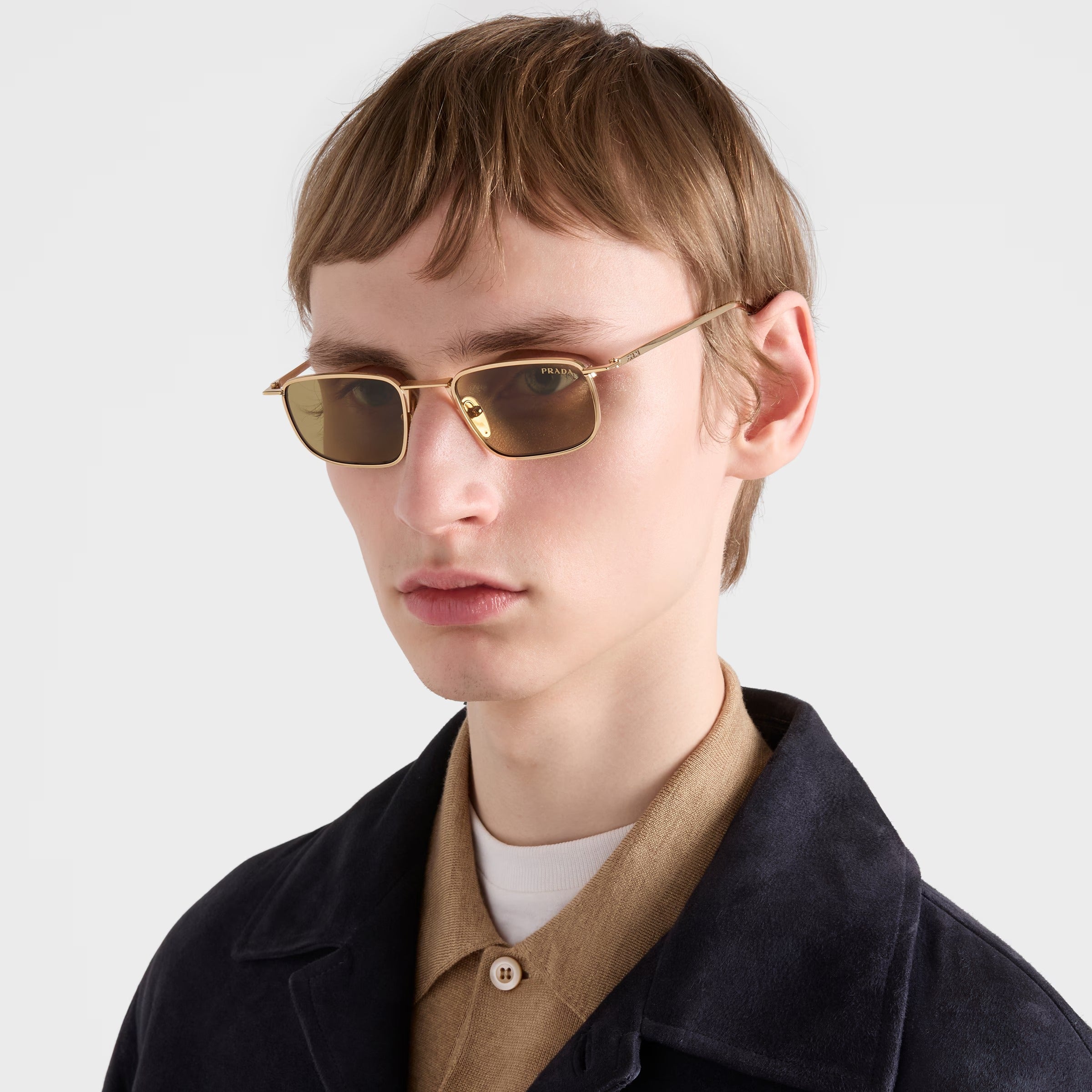 Prada Men Rectangular Frame Natural Gold Sunglasses