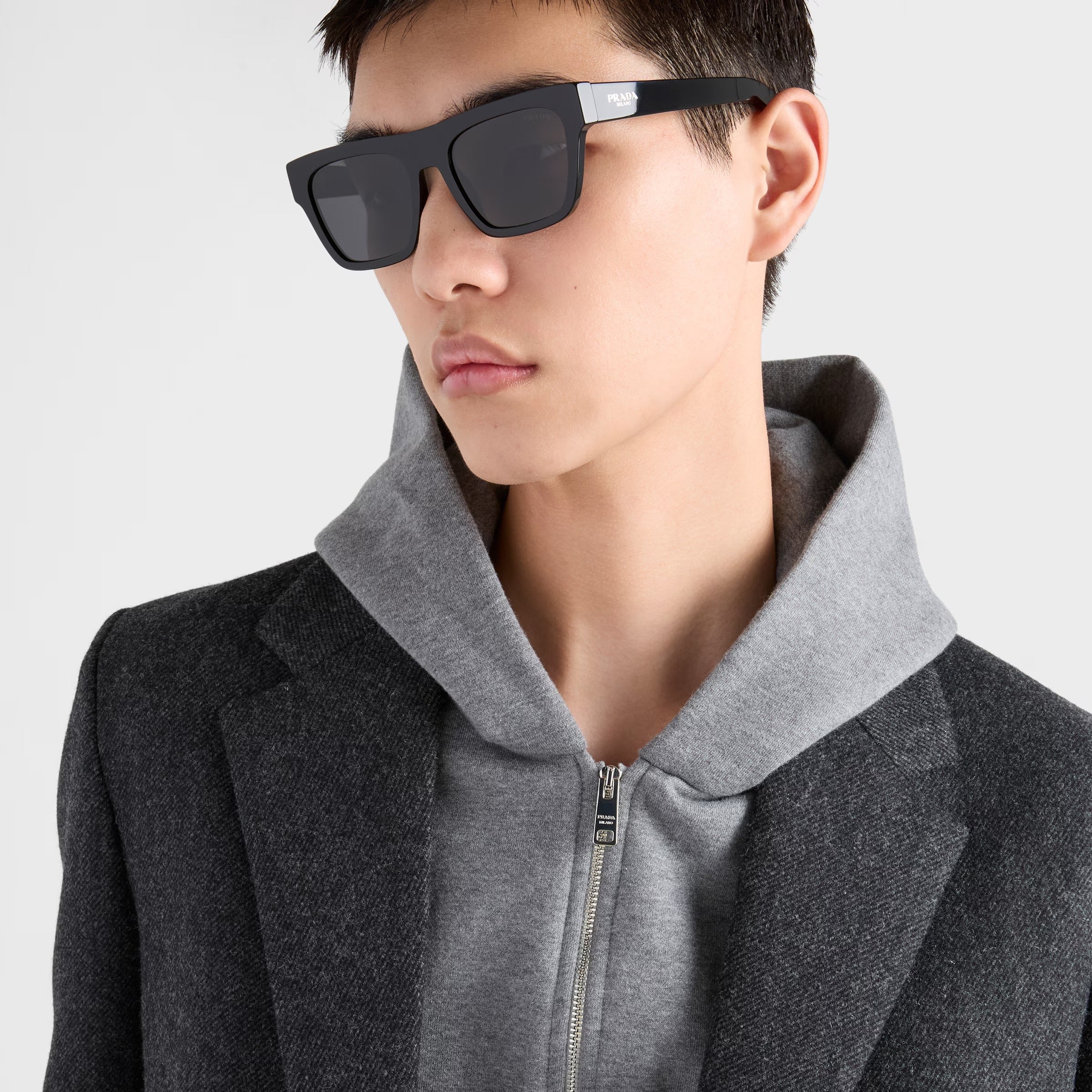 Prada Men Square Frame Shiny Matte Black Sunglasses