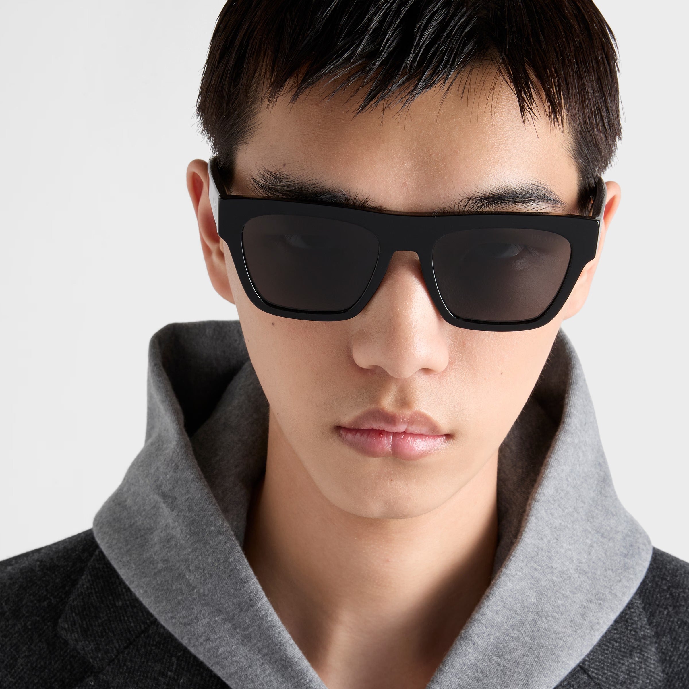 Prada Men Square Frame Shiny Matte Black Sunglasses